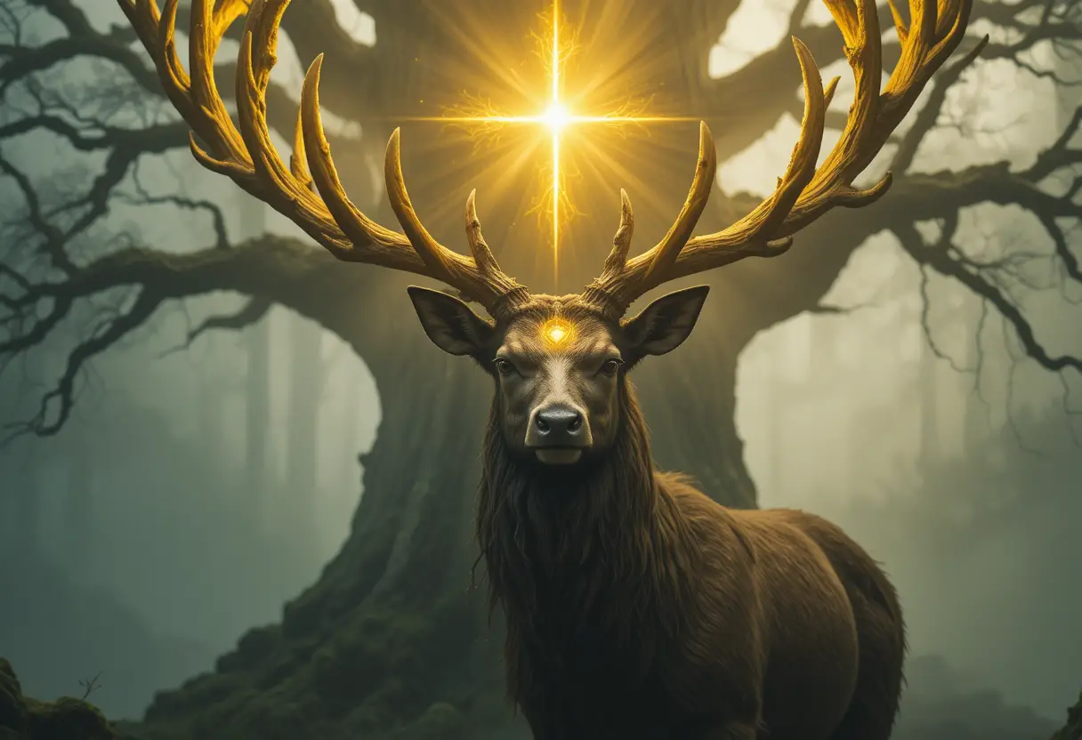 Mythical stag beneath ancient tree with radiant cross