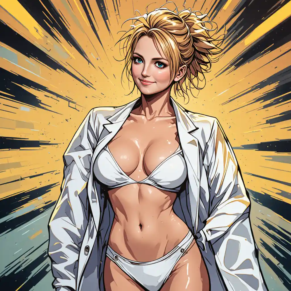 Playful woman in white bikini and lab coat comic illustration