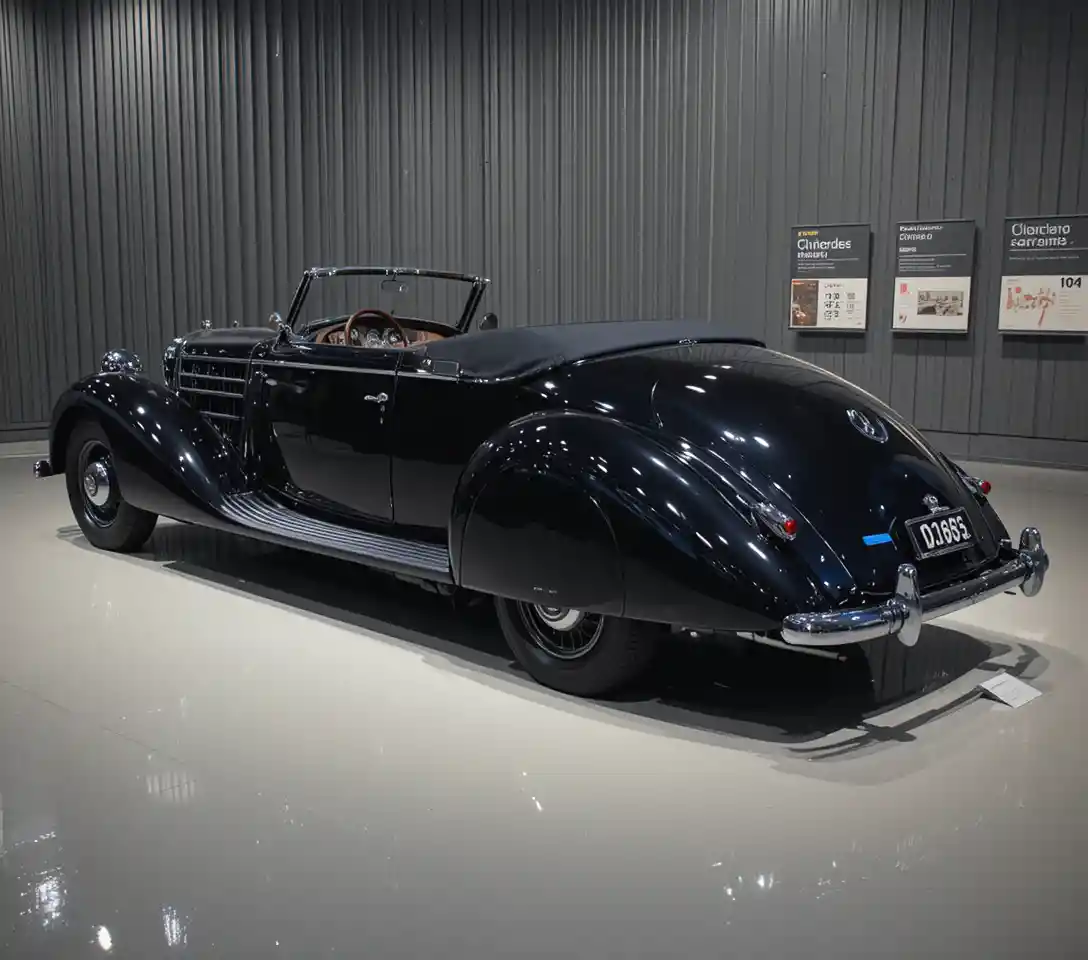 Auto cabriolet classica nera del 1938 in una tranquilla esposizione museale