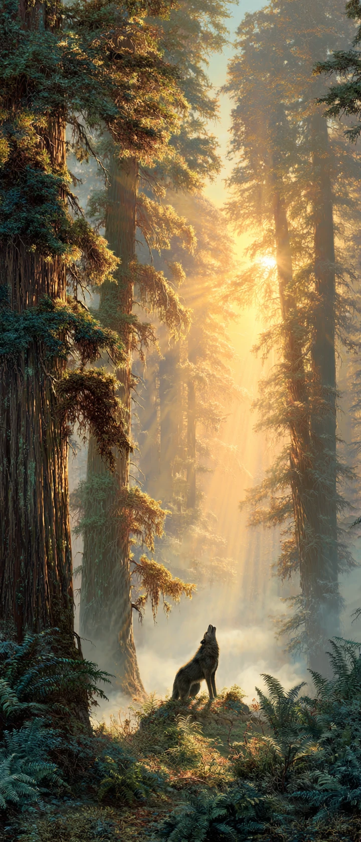 Lone wolf howling in a dawn redwood forest