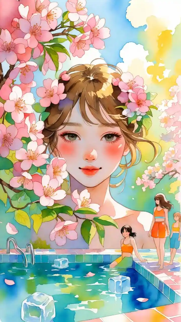 Young girl among cherry blossoms in a pastel summer garden