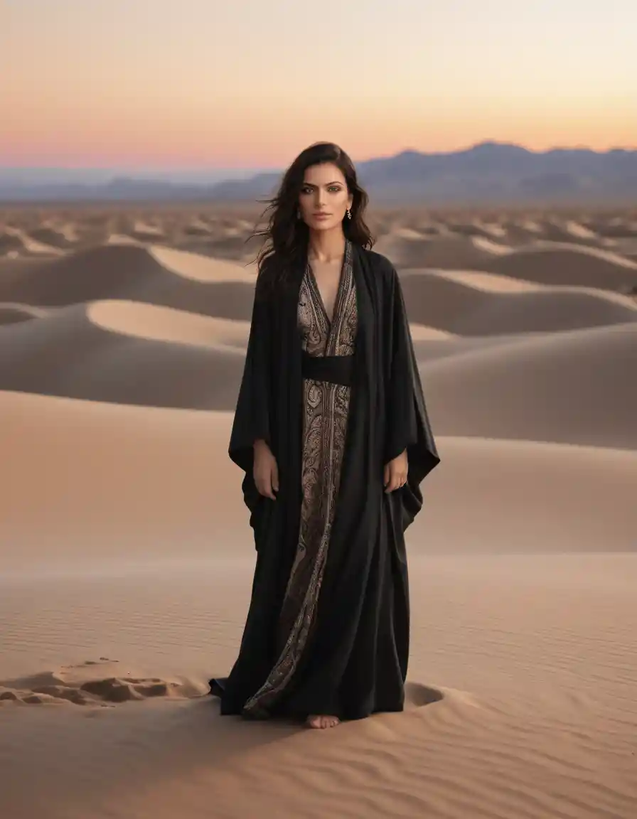 Solitary robed woman at sunrise in the Mojave desert