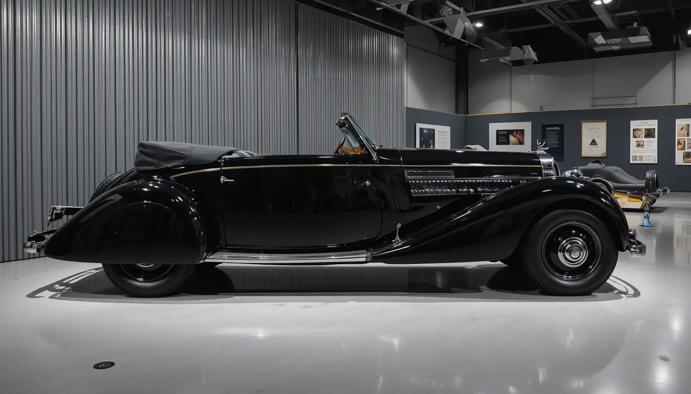 Black 1938 cabriolet classic car displayed in museum space