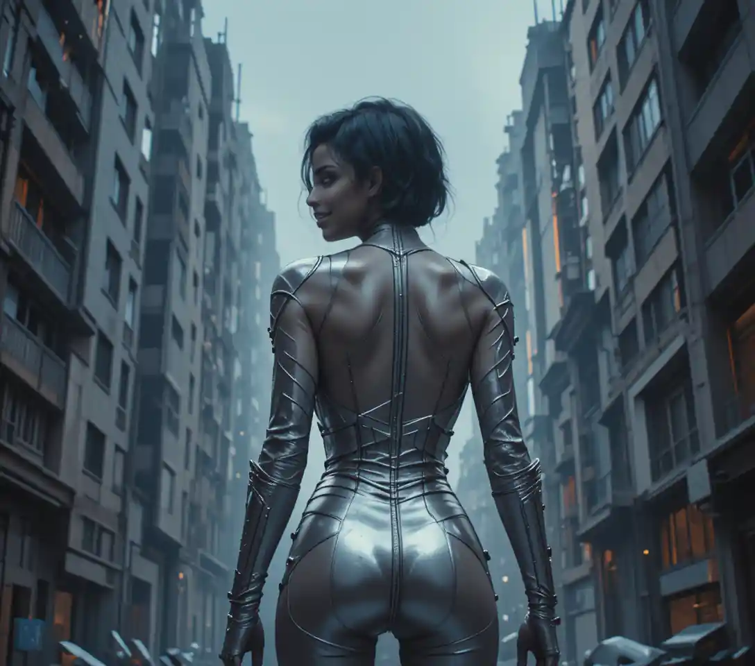 Futuristic armored woman with sword in dystopian city