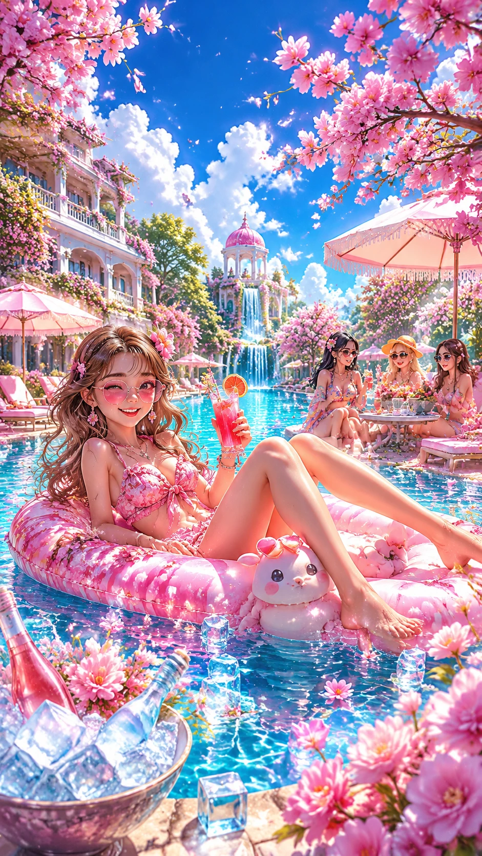 Cherry blossoms in a vibrant summer garden oasis