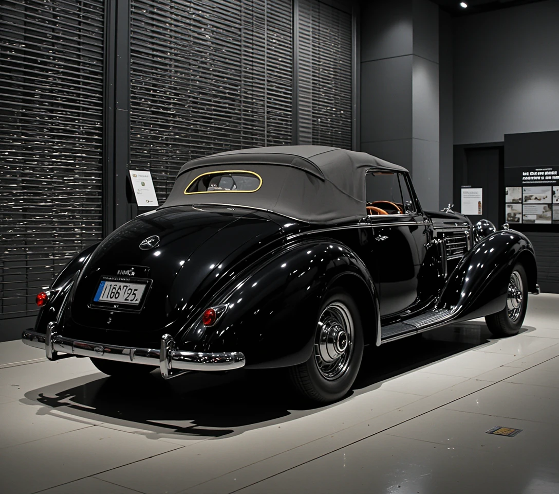 Black 1938 Mercedes cabriolet displayed in a museum setting