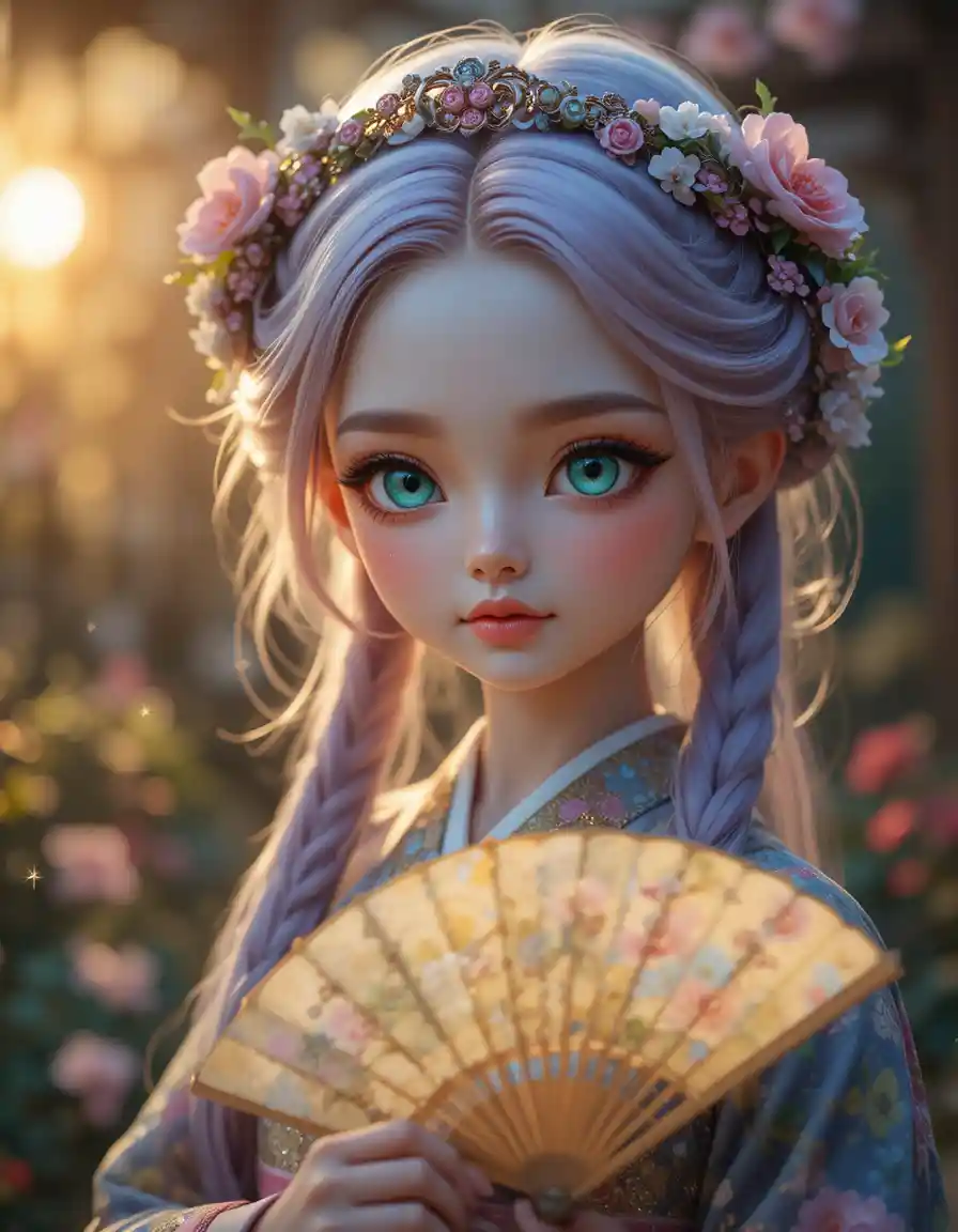Anime doll girl in floral kimono at glowing fantasy garden