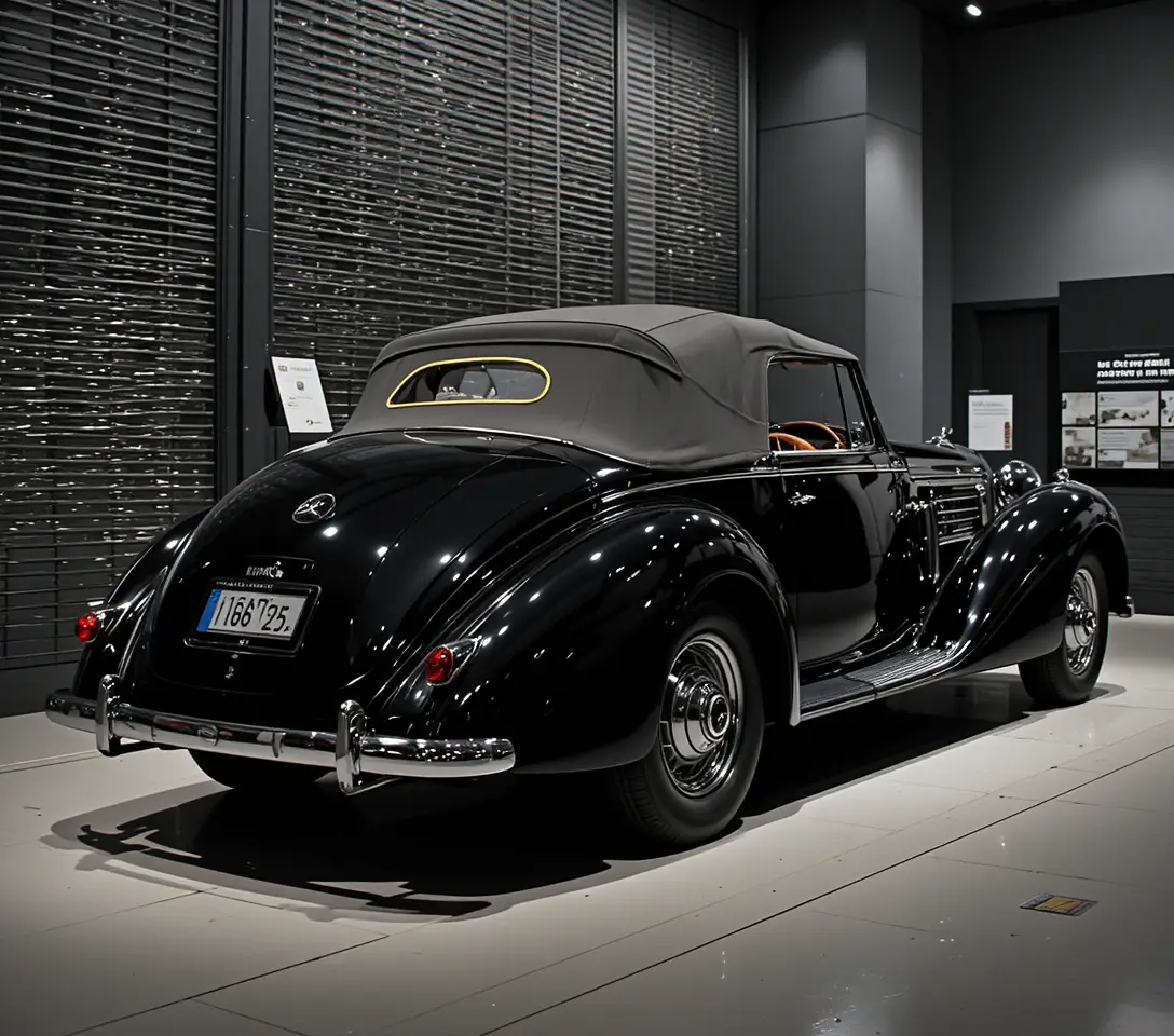 Black 1938 Mercedes cabriolet displayed in a museum setting