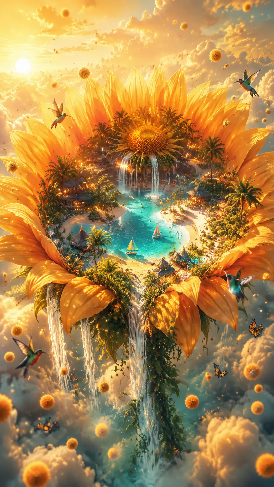 Giant radiant sunflower floating above glowing summer clouds