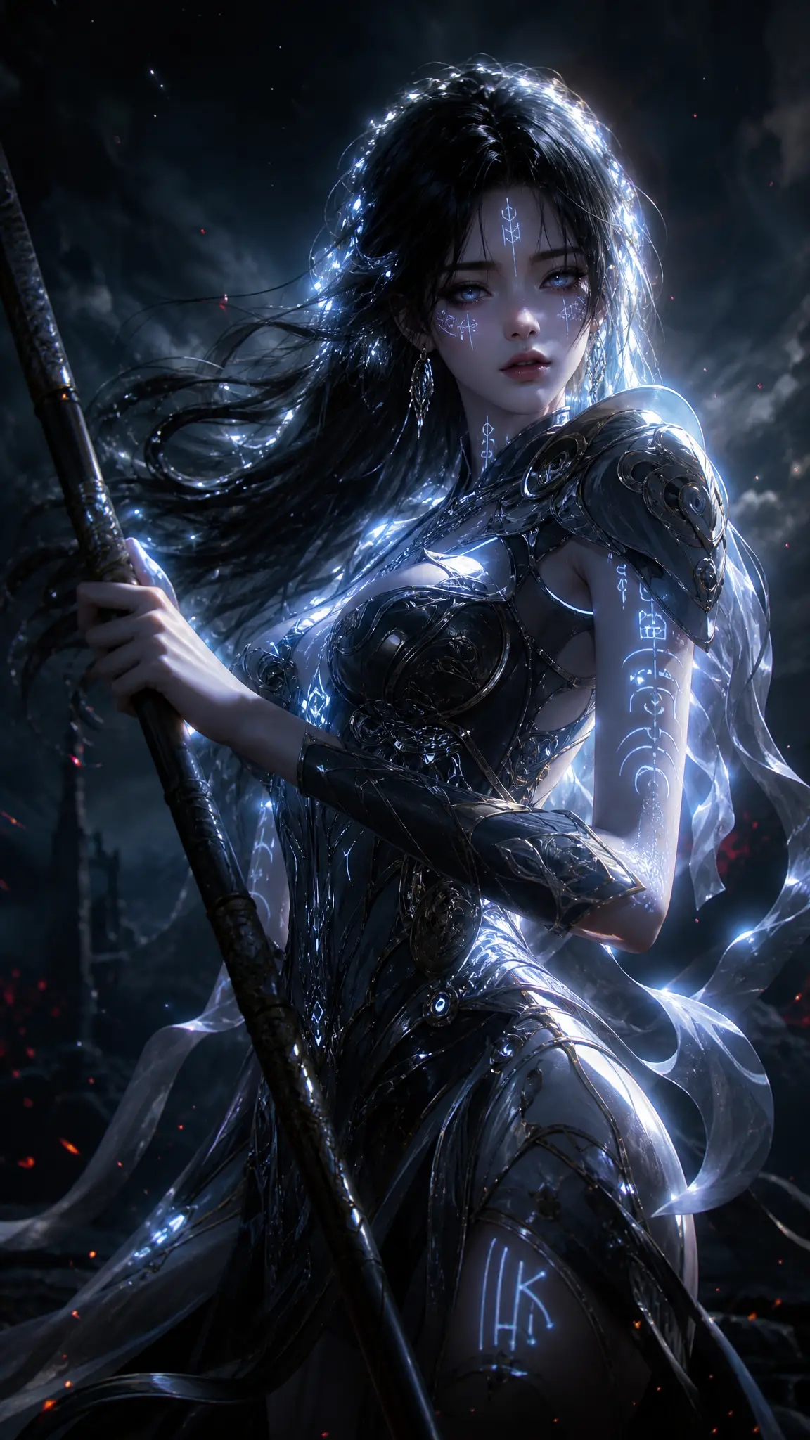 Melancholic cyber warrior woman with glowing spear and tattoos