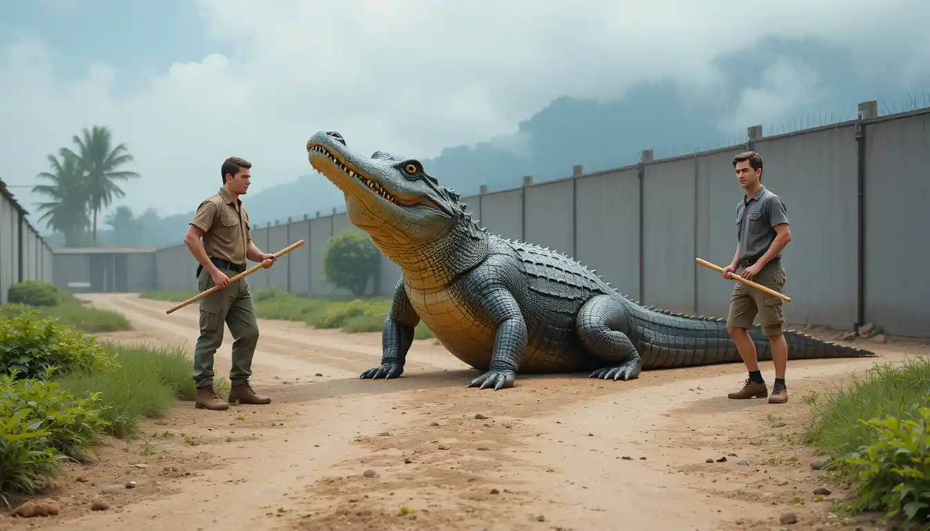 Large crocodile guided by two men on a dirt road