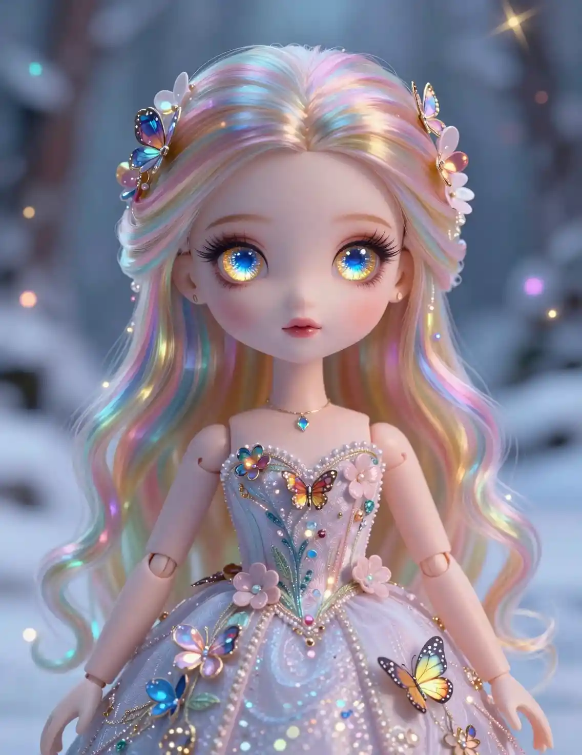 Enchanting fantasy doll girl in a glowing snowy forest