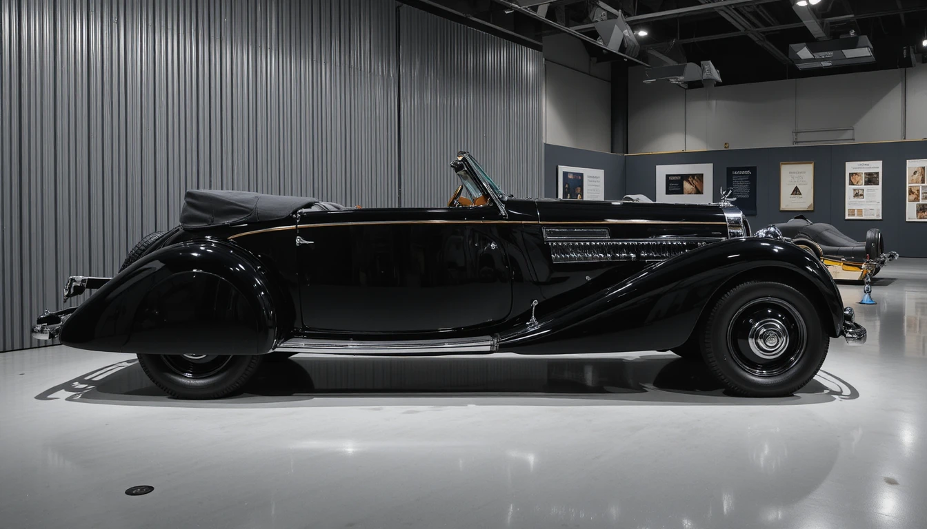 Black 1938 cabriolet classic car displayed in museum space