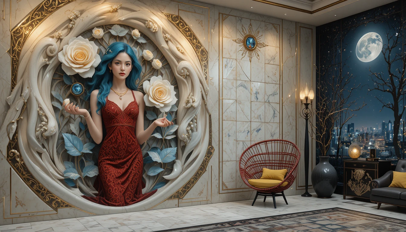 Dreamlike portrait of a woman framed by abstract geometric tiles