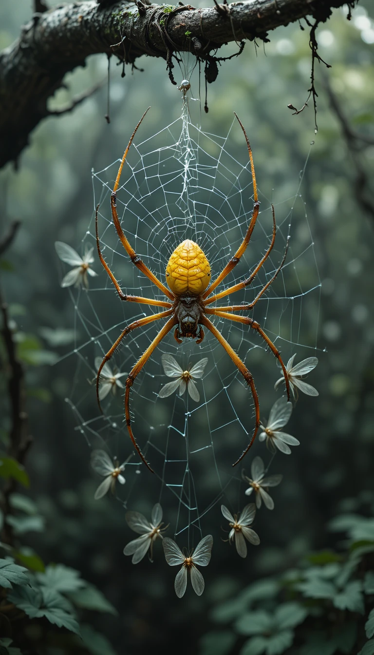 Orb weaver spider hanging on web above forest floor