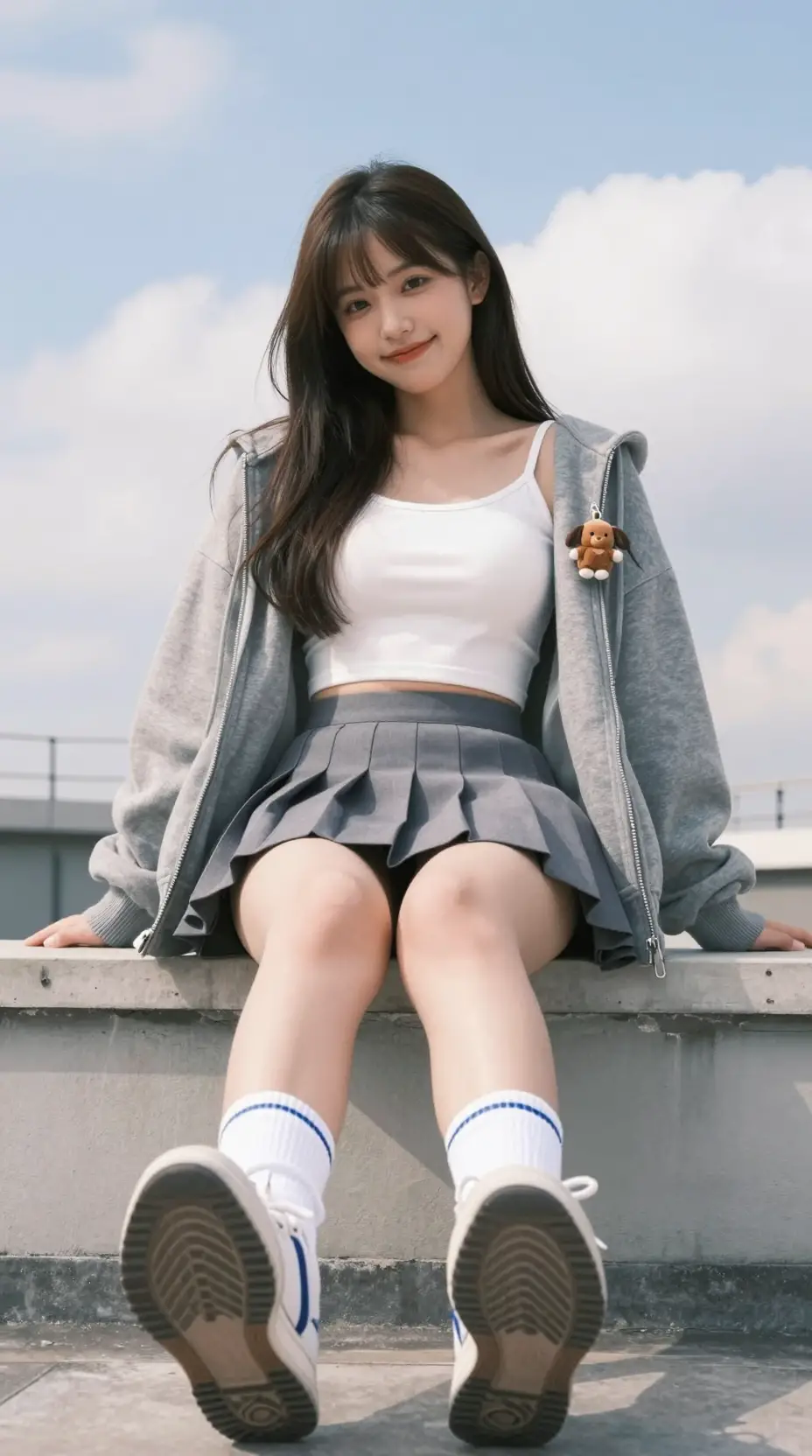 Smiling Japanese girl on a rooftop in casual outfit