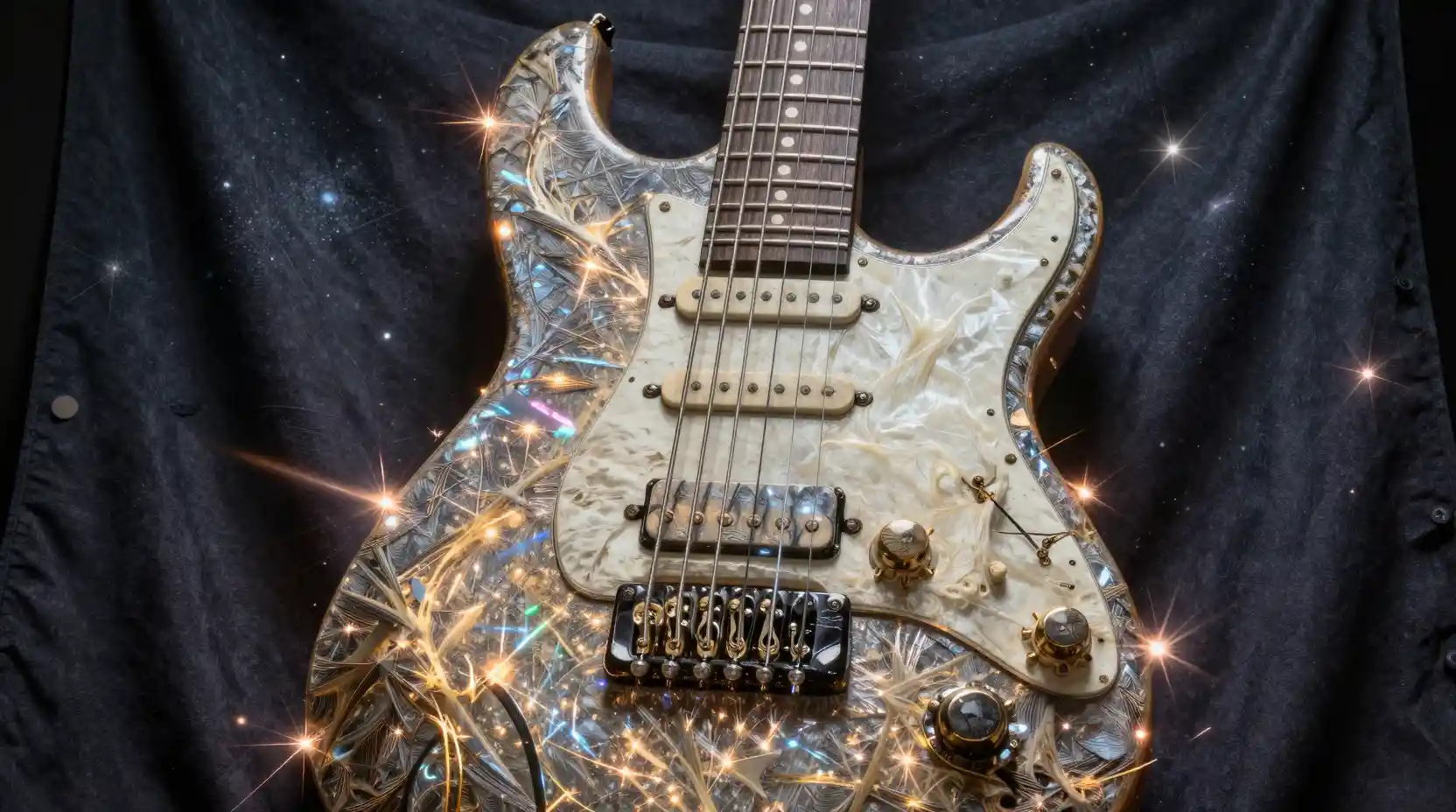 Cosmic electric guitar radiating power through starlit space
