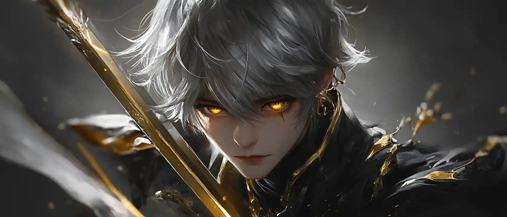 Melancholic fantasy swordsman with glowing golden eyes