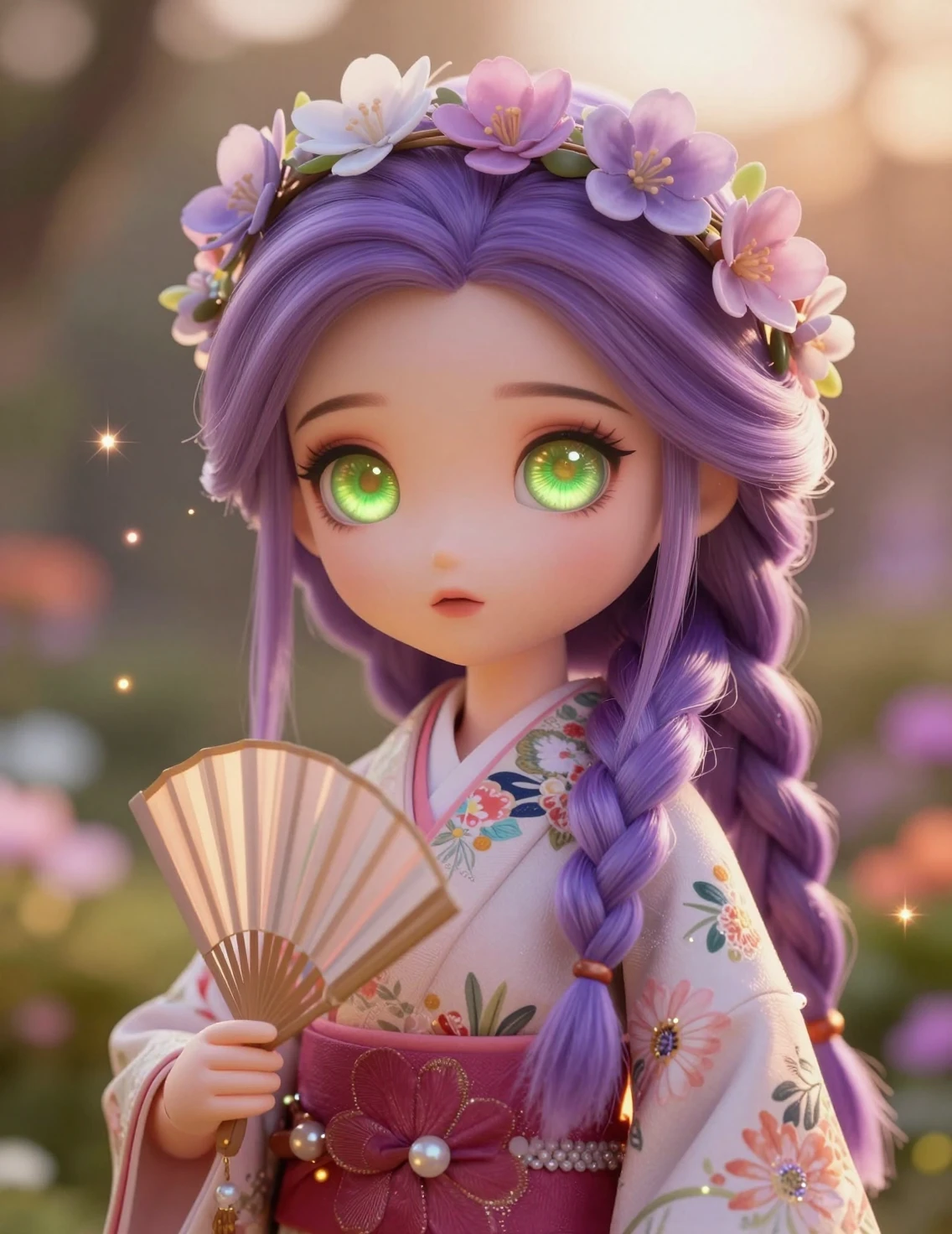 Anime doll girl in floral kimono at glowing sunset
