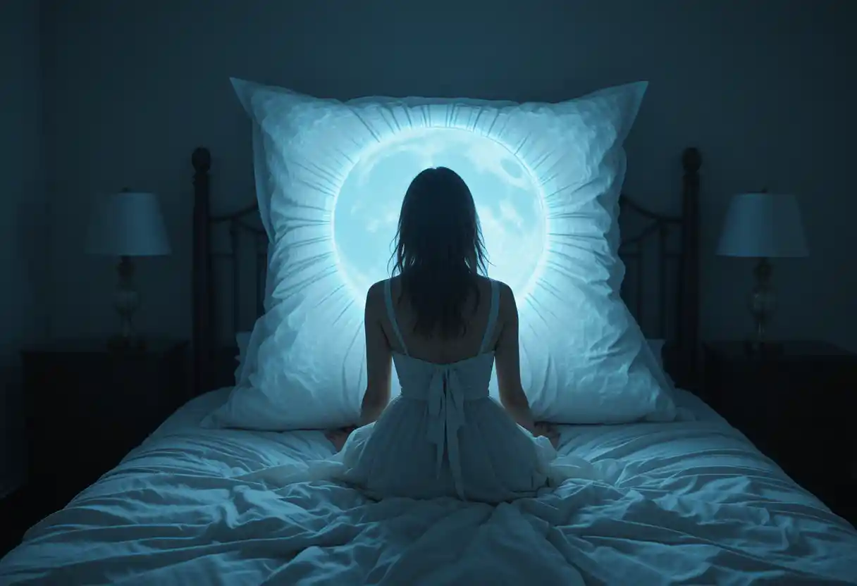 Woman on a bed facing a glowing moonlit pillow
