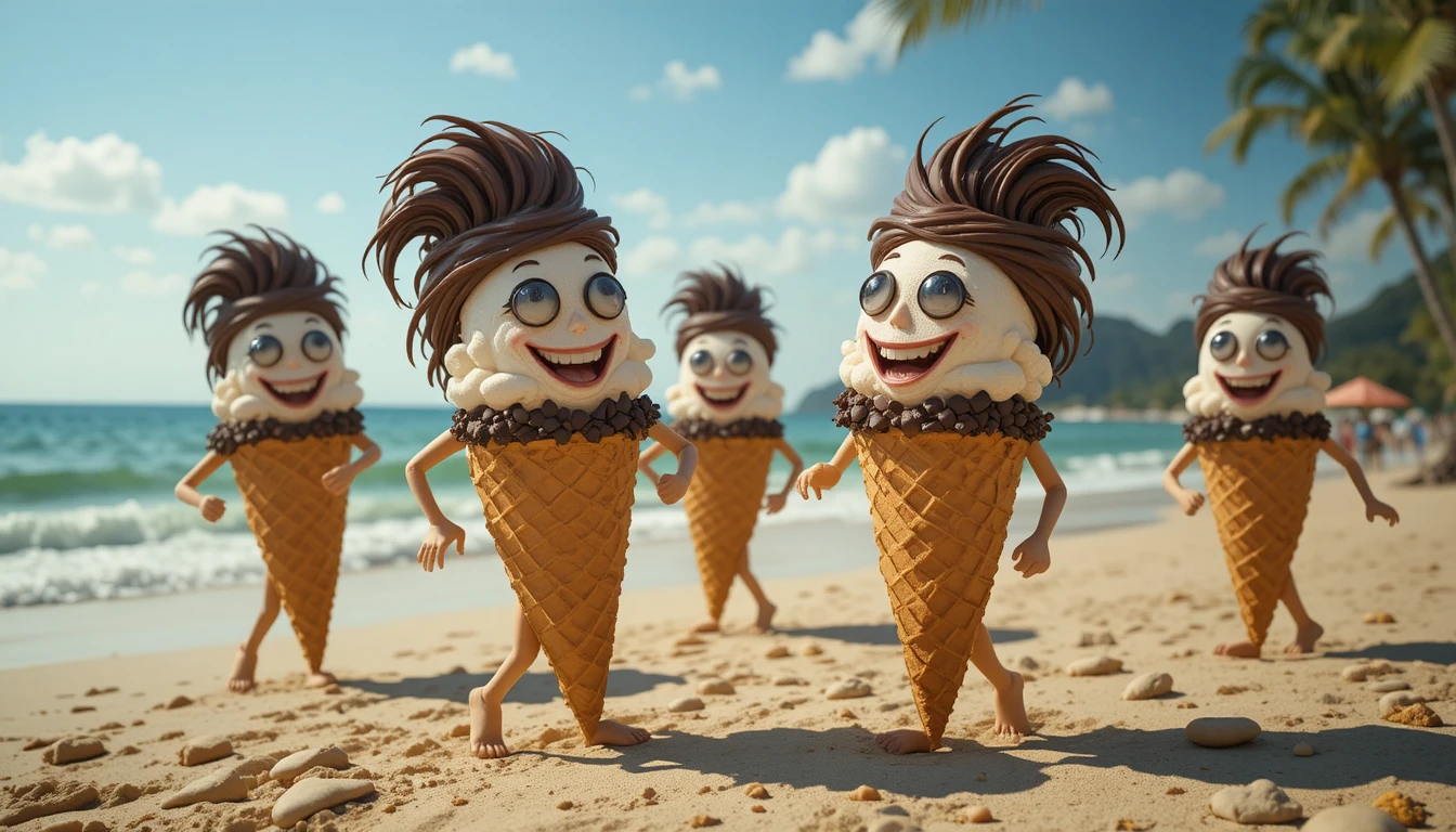 Dancing Anthropomorphic Ice Cream Cones On A Sunny Beach