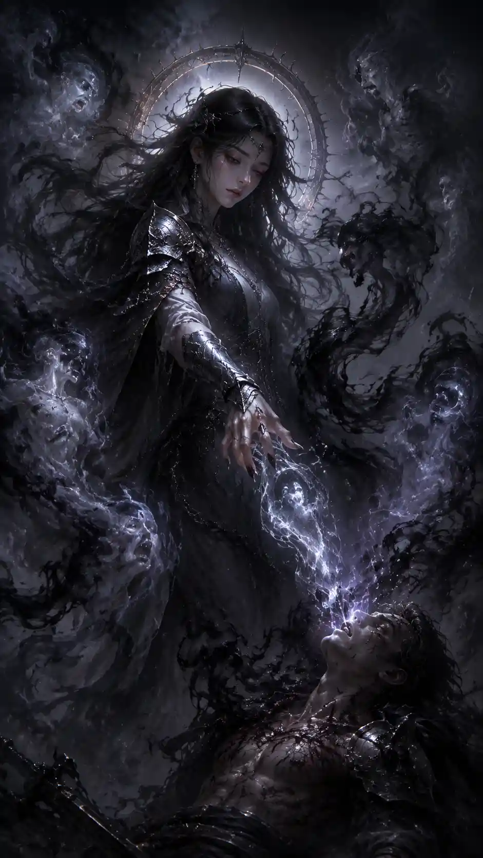 Ethereal woman drawing a soul in swirling dark smoke