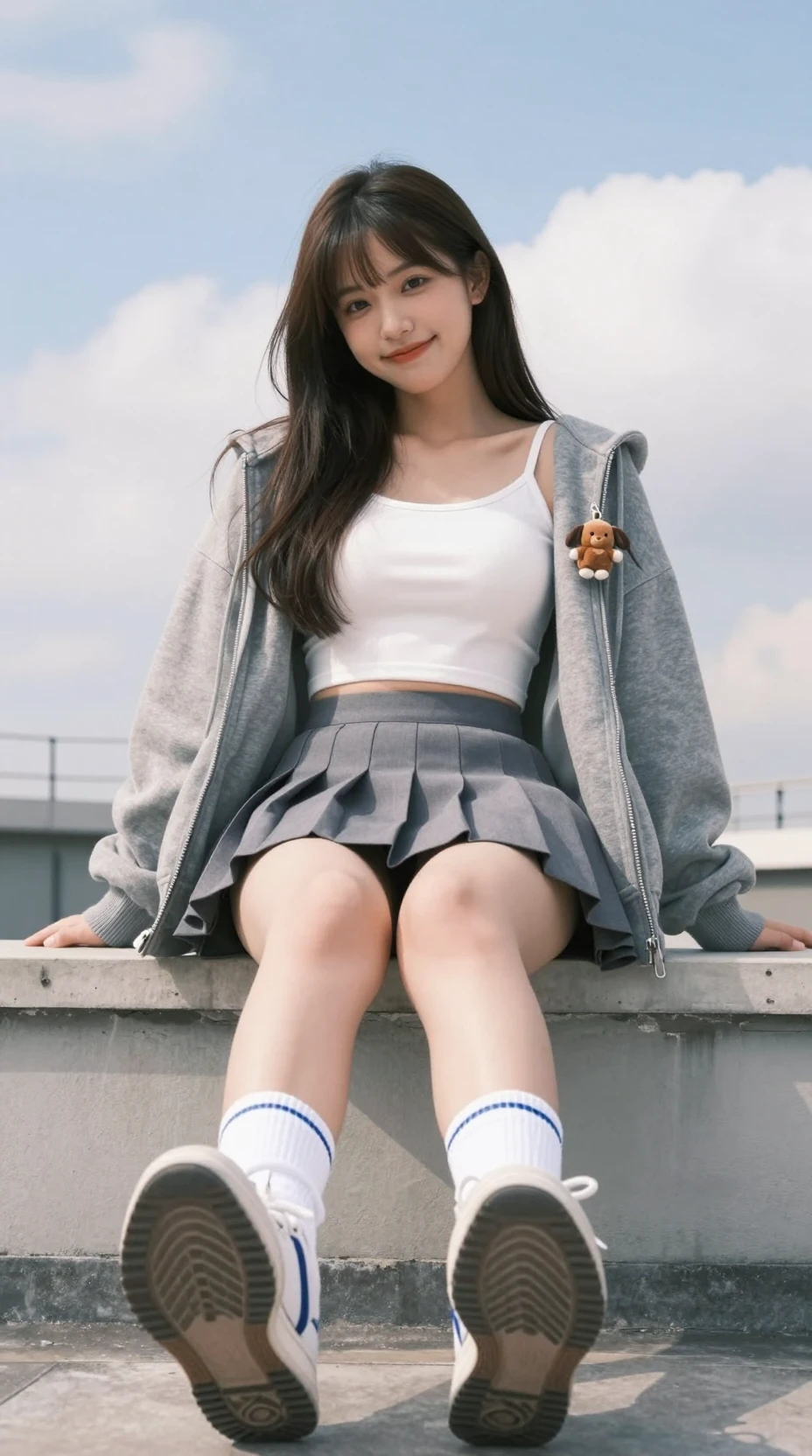 Chica japonesa sonriente en una azotea con atuendo casual