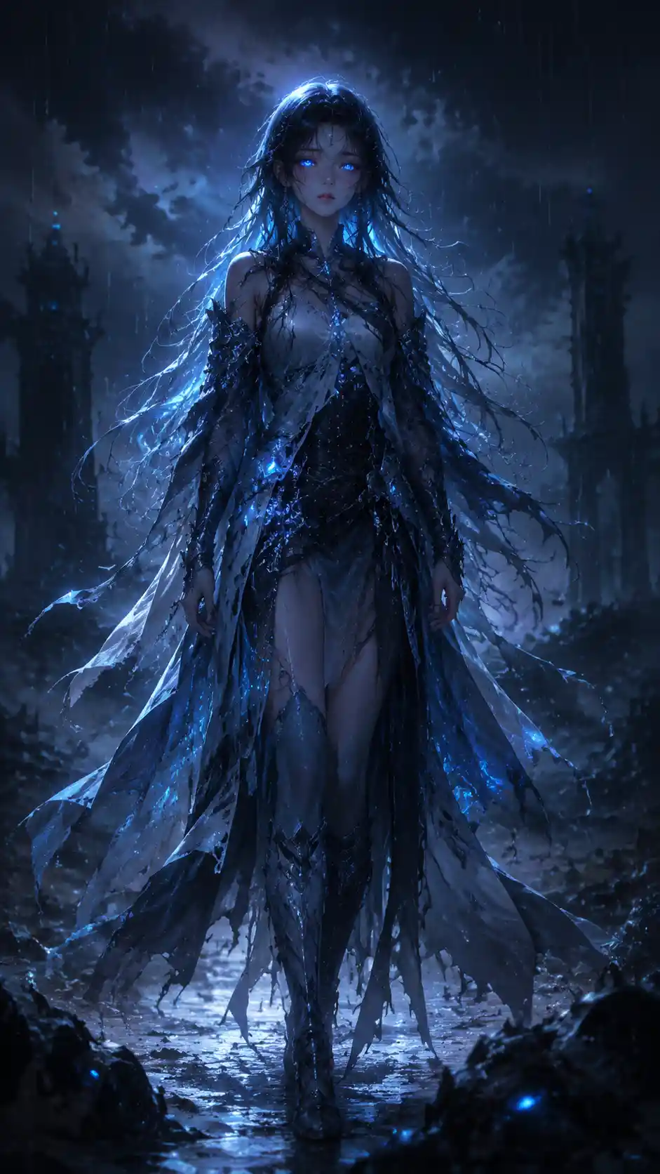 Sad 3D girl with glowing eyes in cyber armor