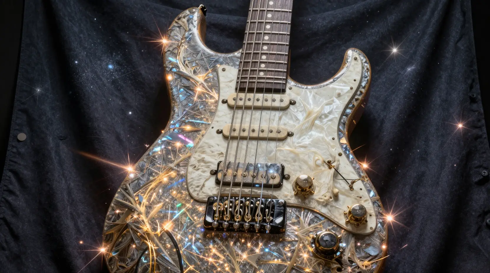 Cosmic electric guitar radiating power through starlit space
