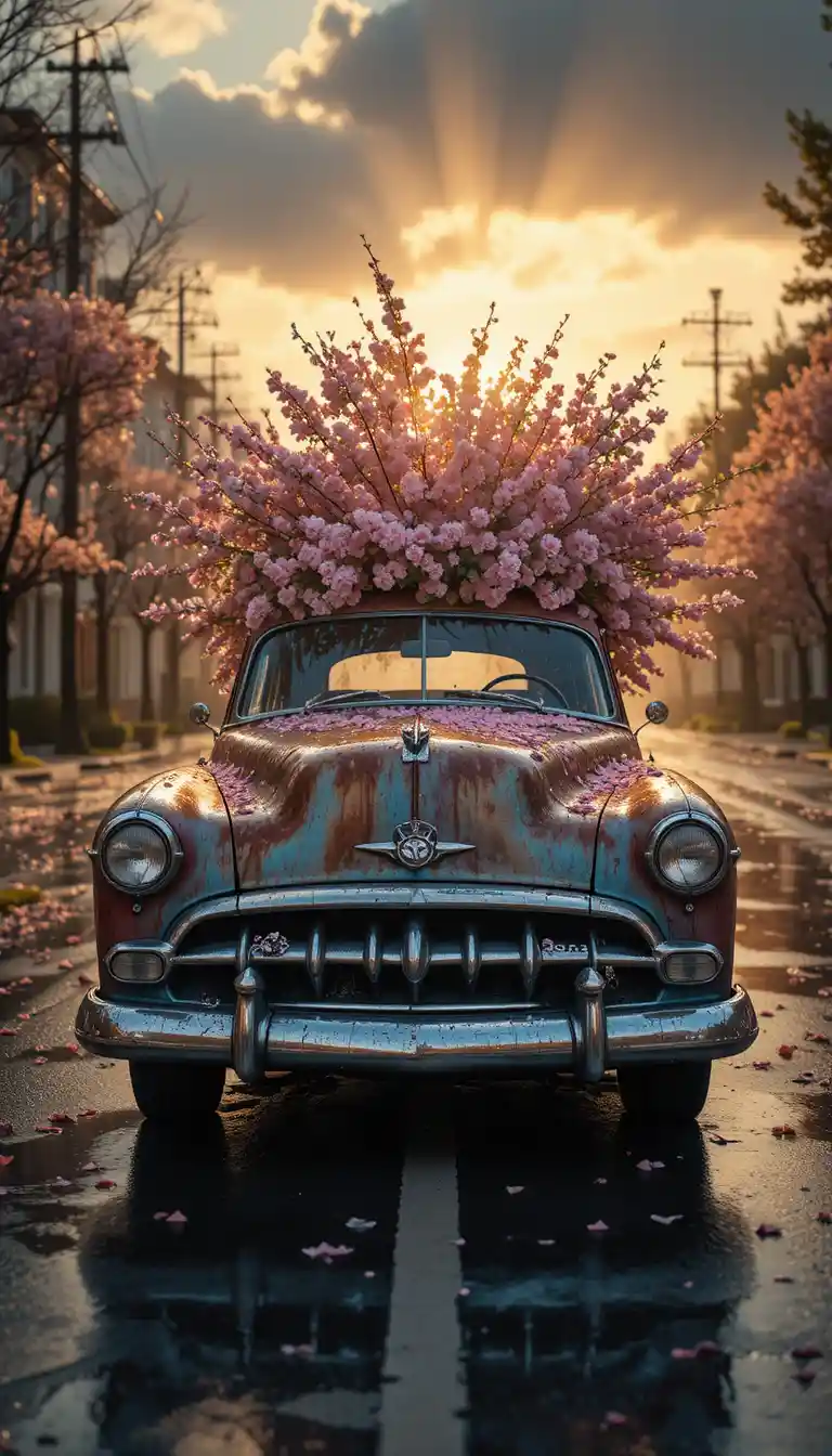 Vintage car transforming into floral summer artwork at dusk