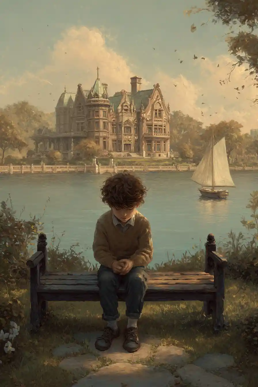 Thoughtful boy on a wooden bench by a quiet lake