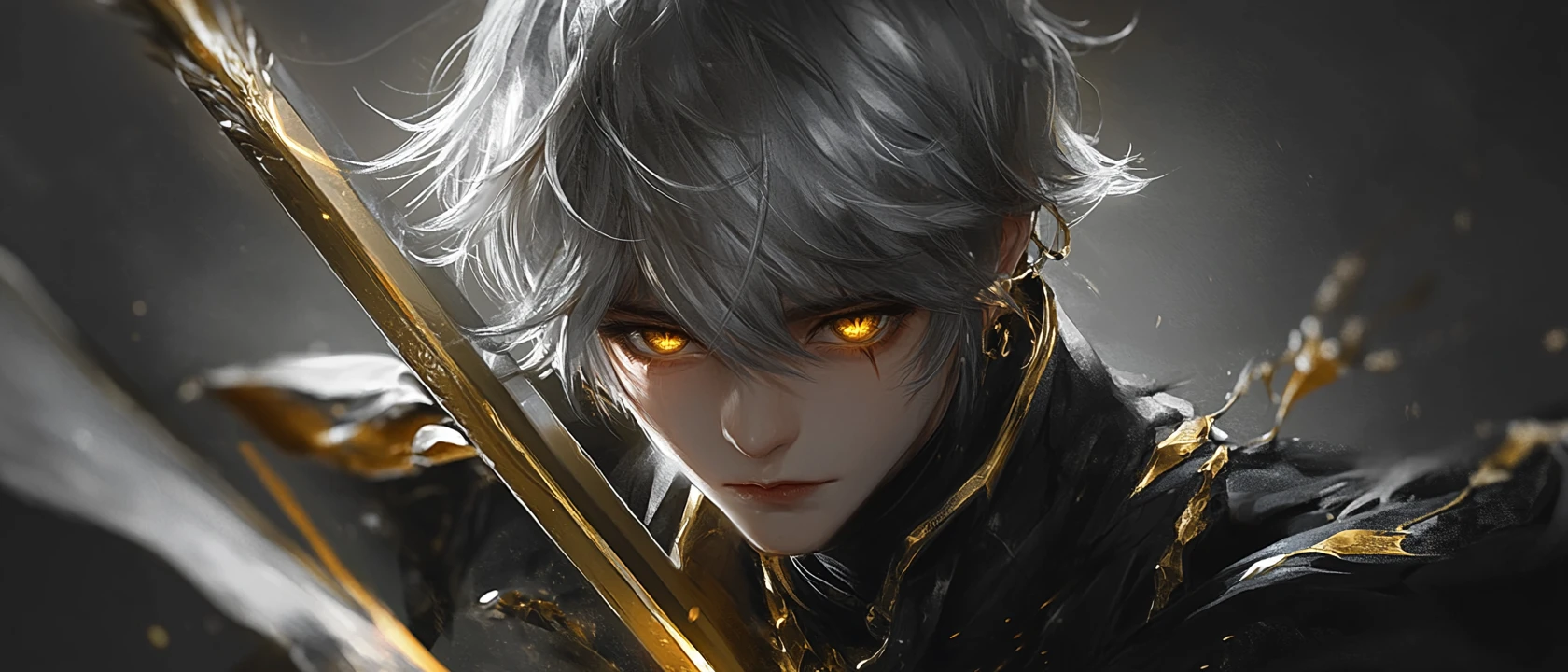 Melancholic fantasy swordsman with glowing golden eyes