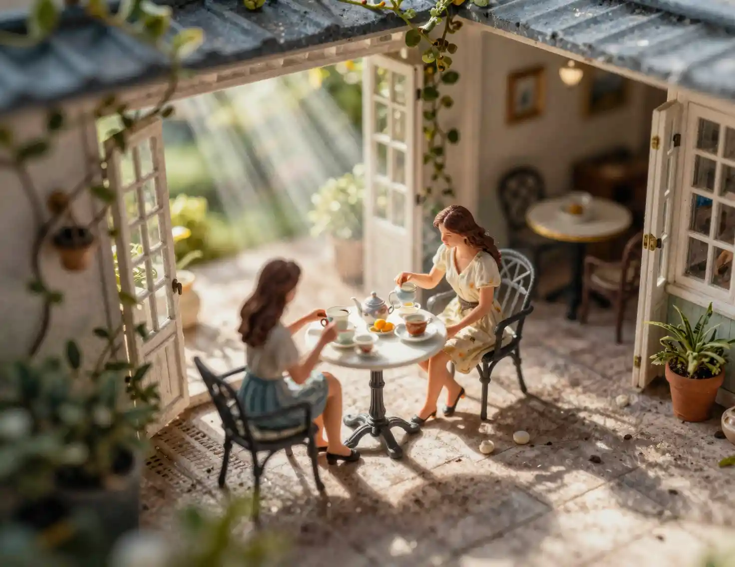 Woman having afternoon tea by an open veranda table