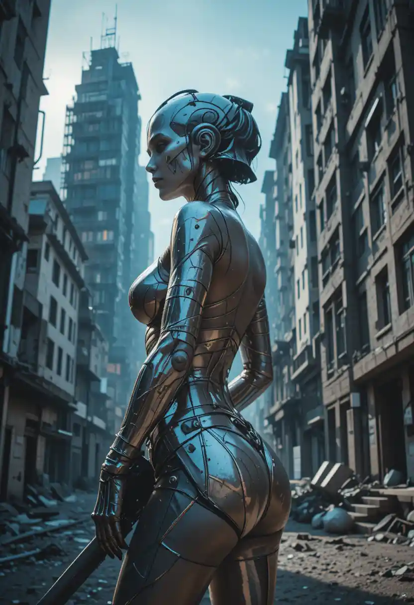 Ebony skinned cyberpunk warrior woman in ruined city profile