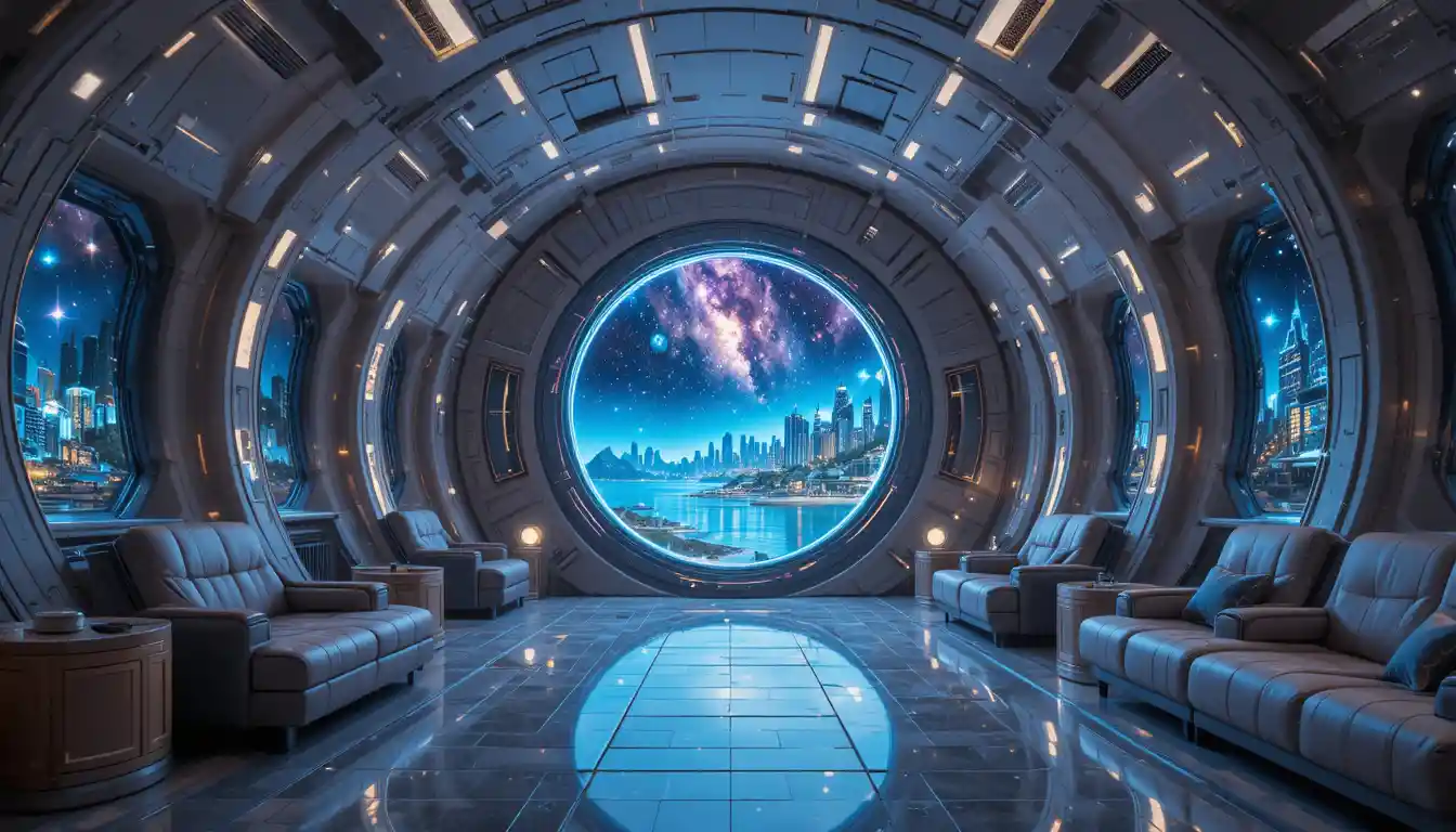 Surreal living room portal opening to a cosmic shoreline city