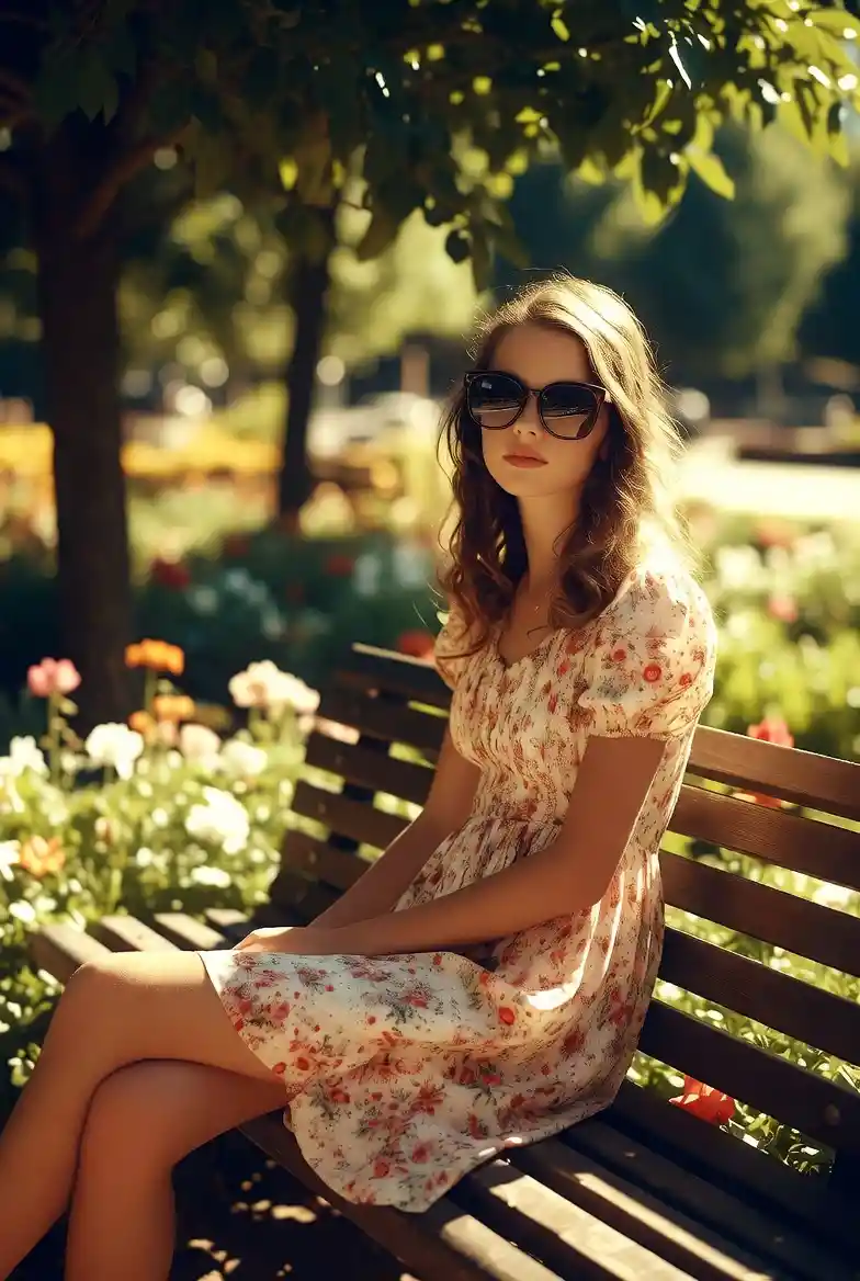 Young woman in floral dress sitting on sunny park bench