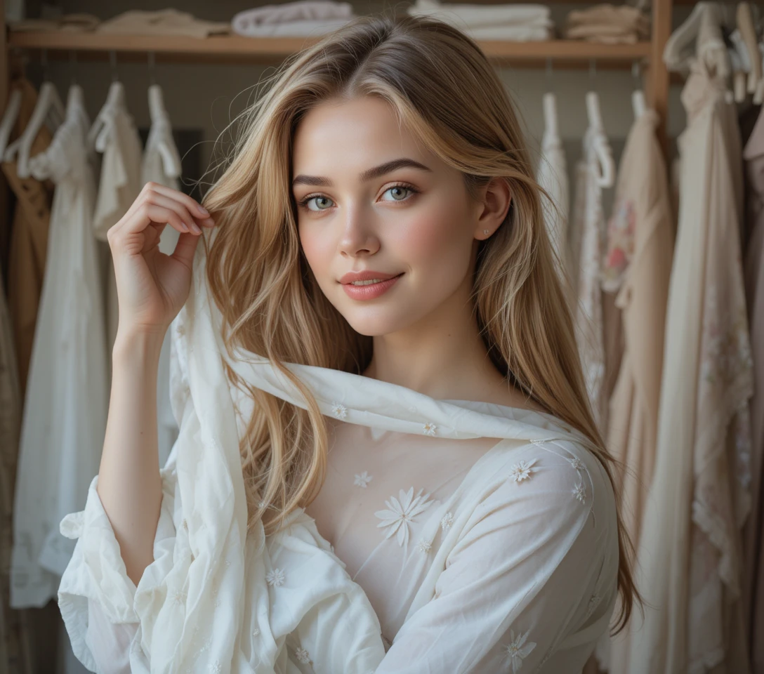 Young blonde woman in towel in soft closet light