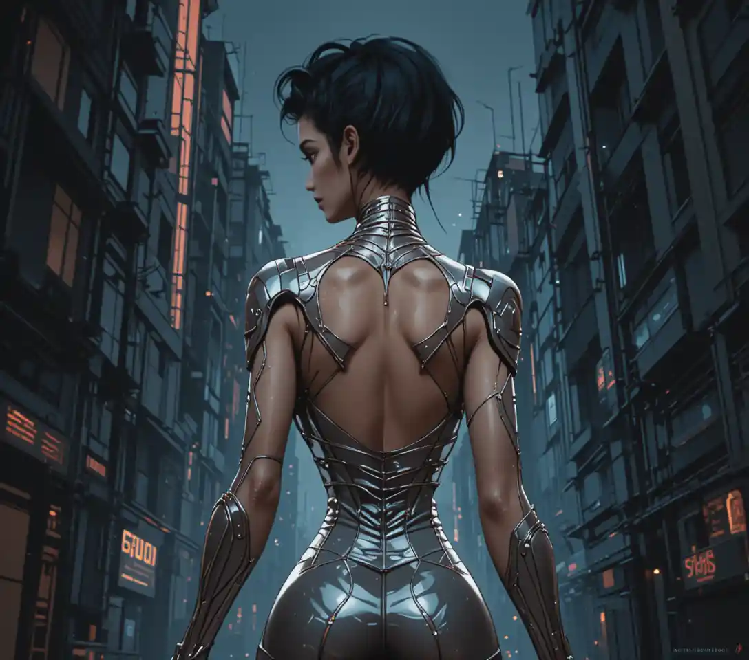 Dark skinned sci fi warrior woman in dystopian city