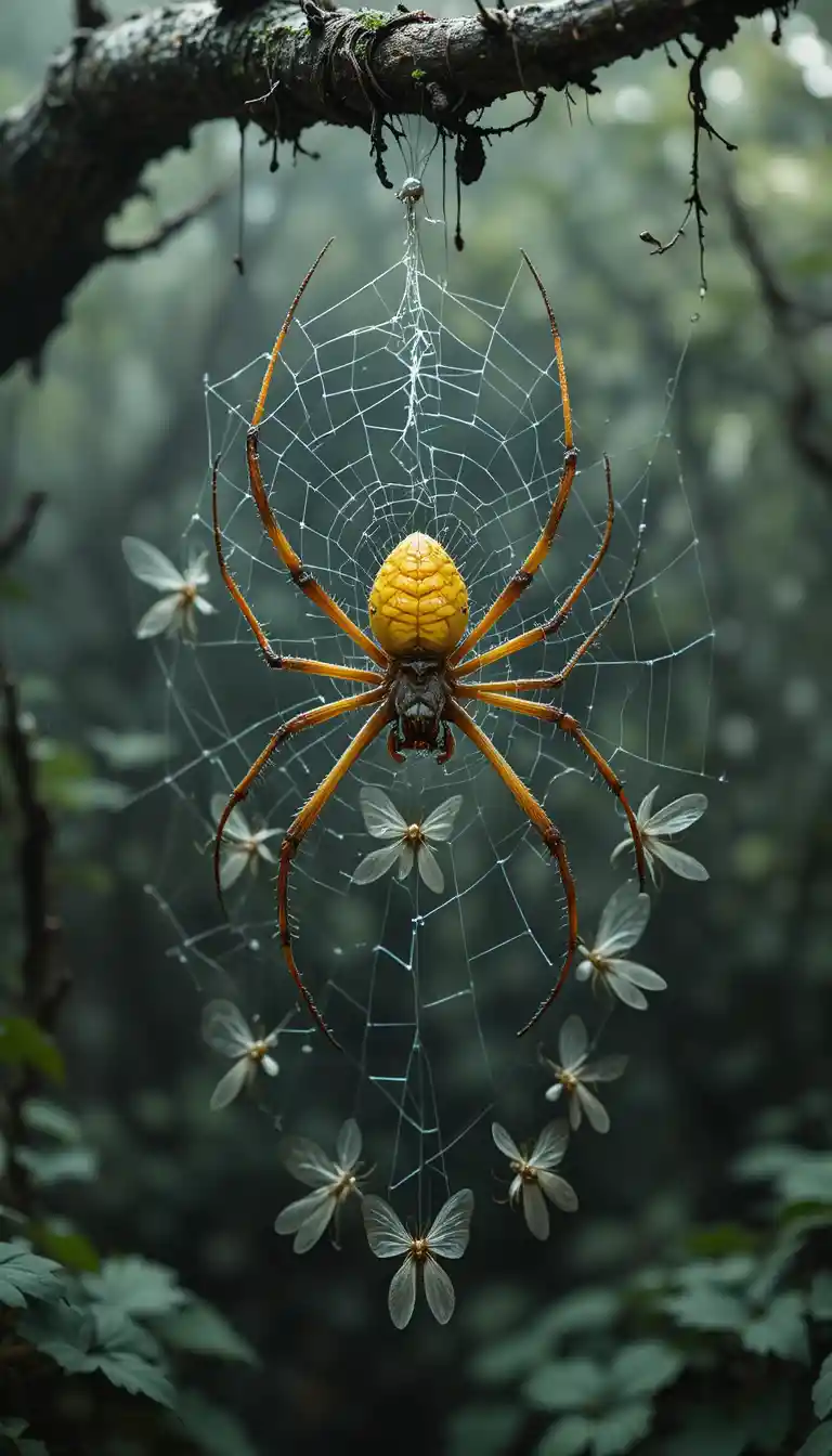 Orb weaver spider hanging on web above forest floor