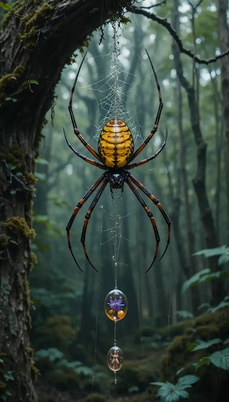 Orb weaver spider on web of trapped fairies in forest