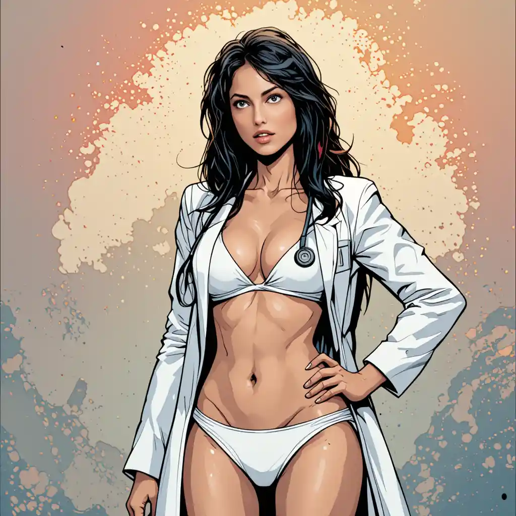 Confident woman in bikini and lab coat with stethoscope