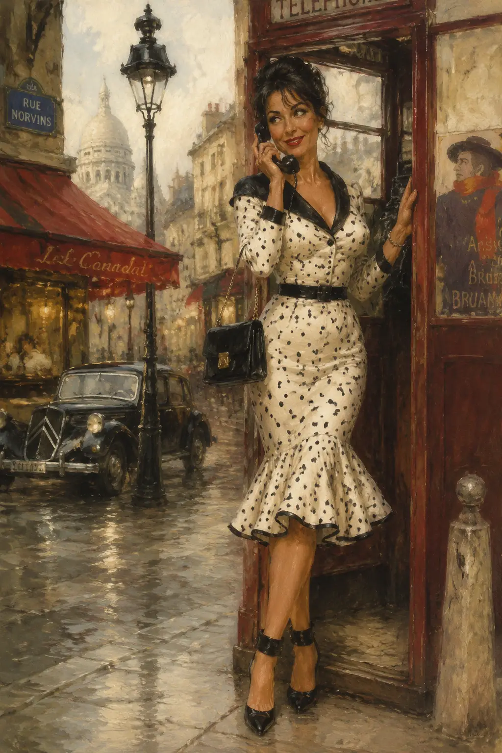 Stylish mature woman in phone booth on city street