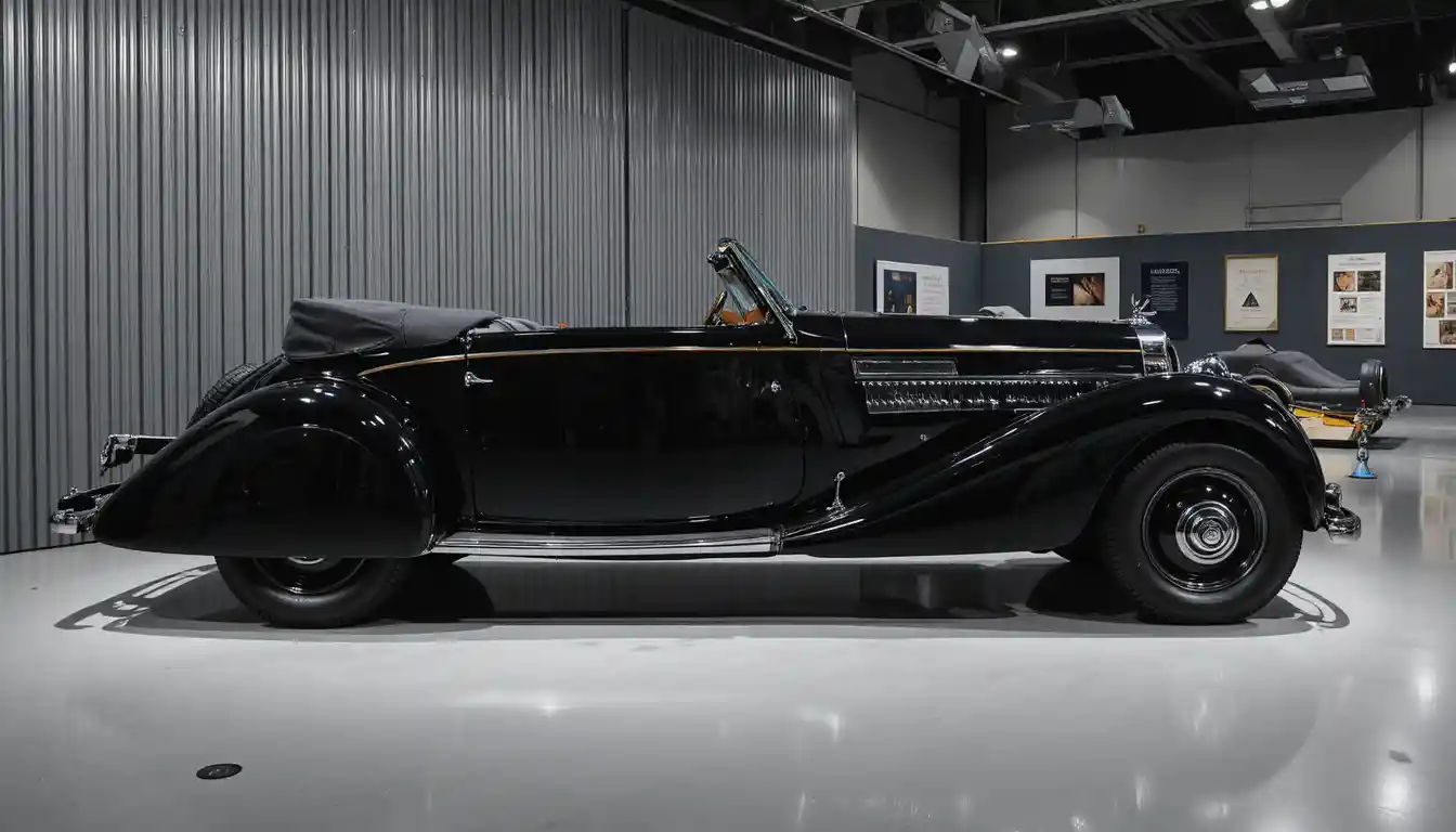 Black 1938 cabriolet classic car displayed in museum space