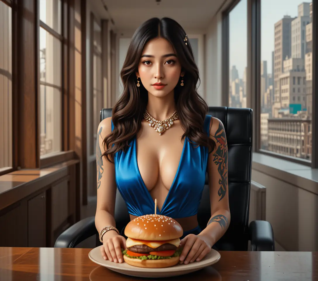 Elegant brunette woman in blue dress in modern office