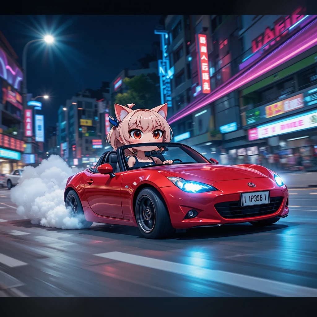 Chibi cat girl drifting a red roadster in city lights
