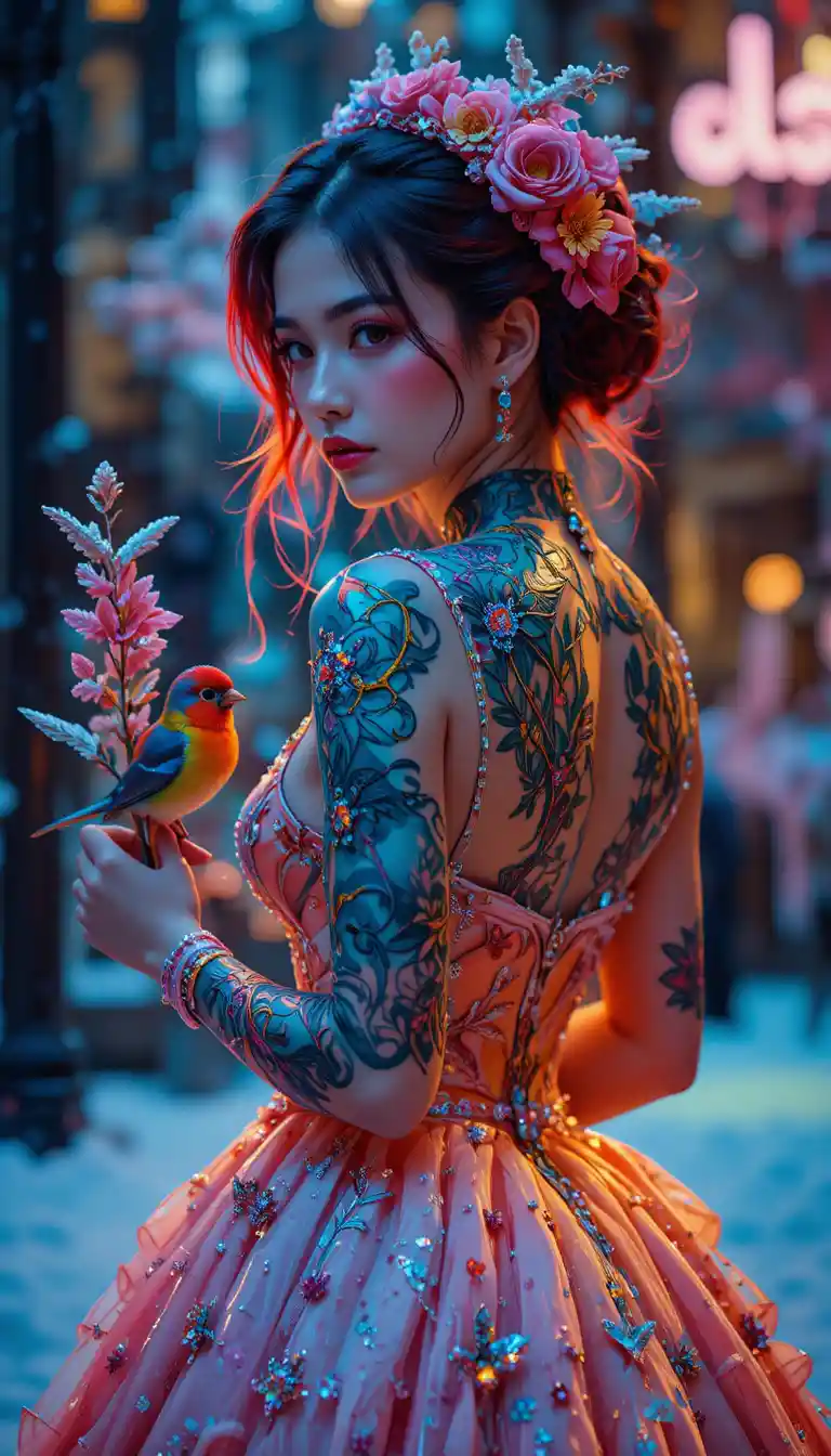 Woman in open back dress with glowing floral tattoo