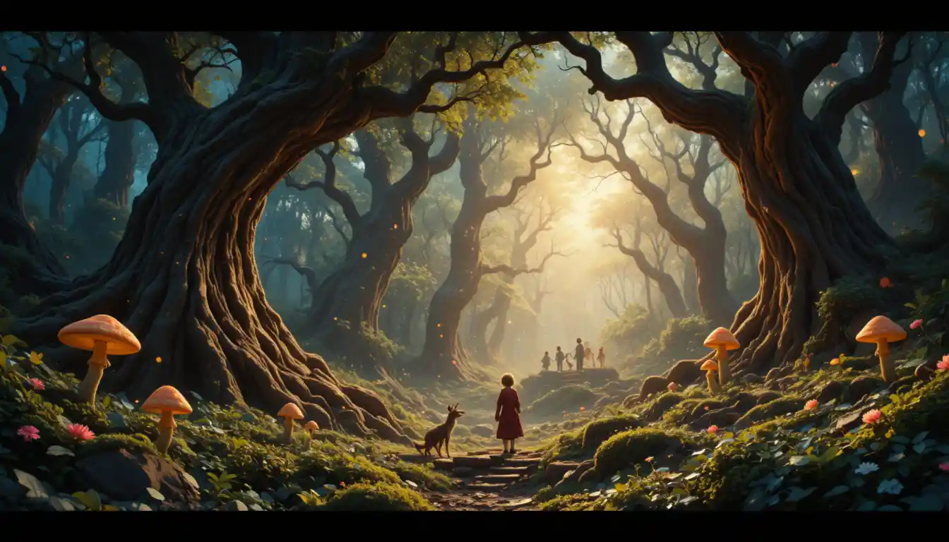Magical children in an enchanted forest with glowing mushrooms