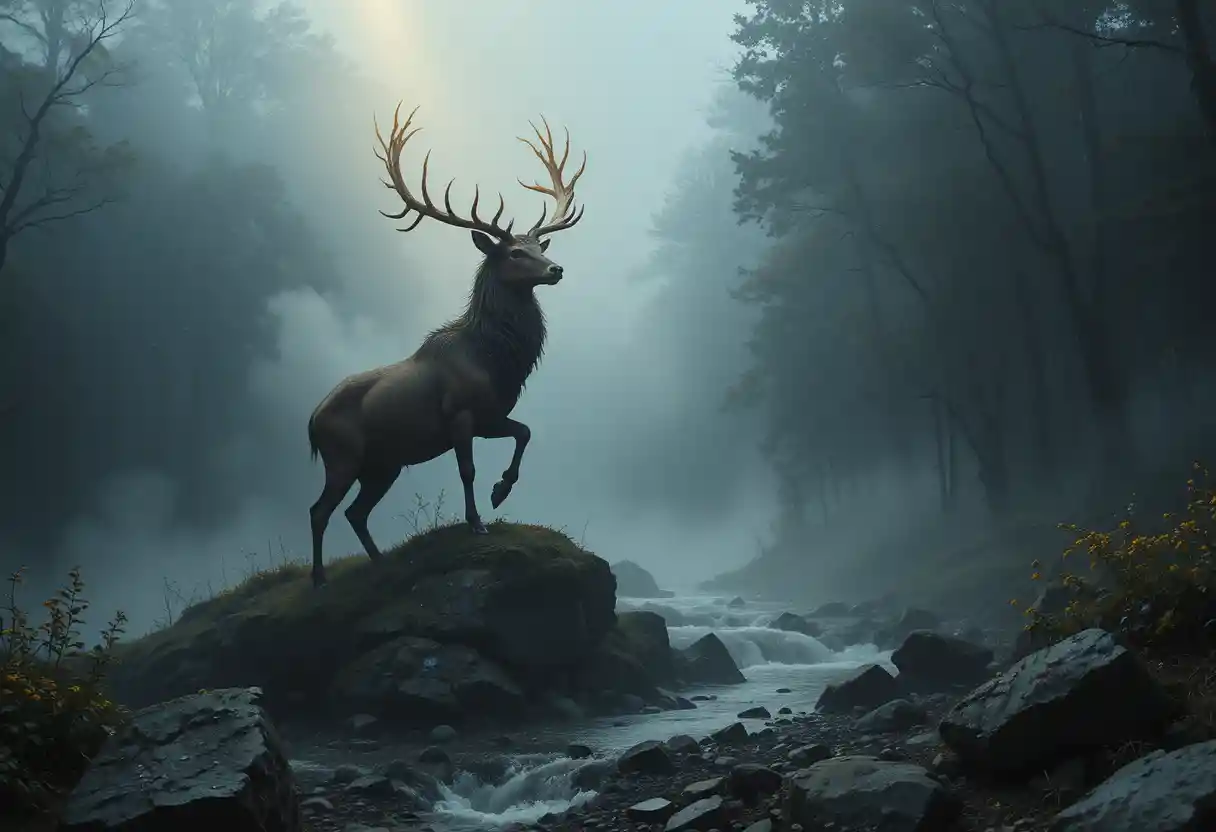 Golden deer emerging from dense gray mist in forest