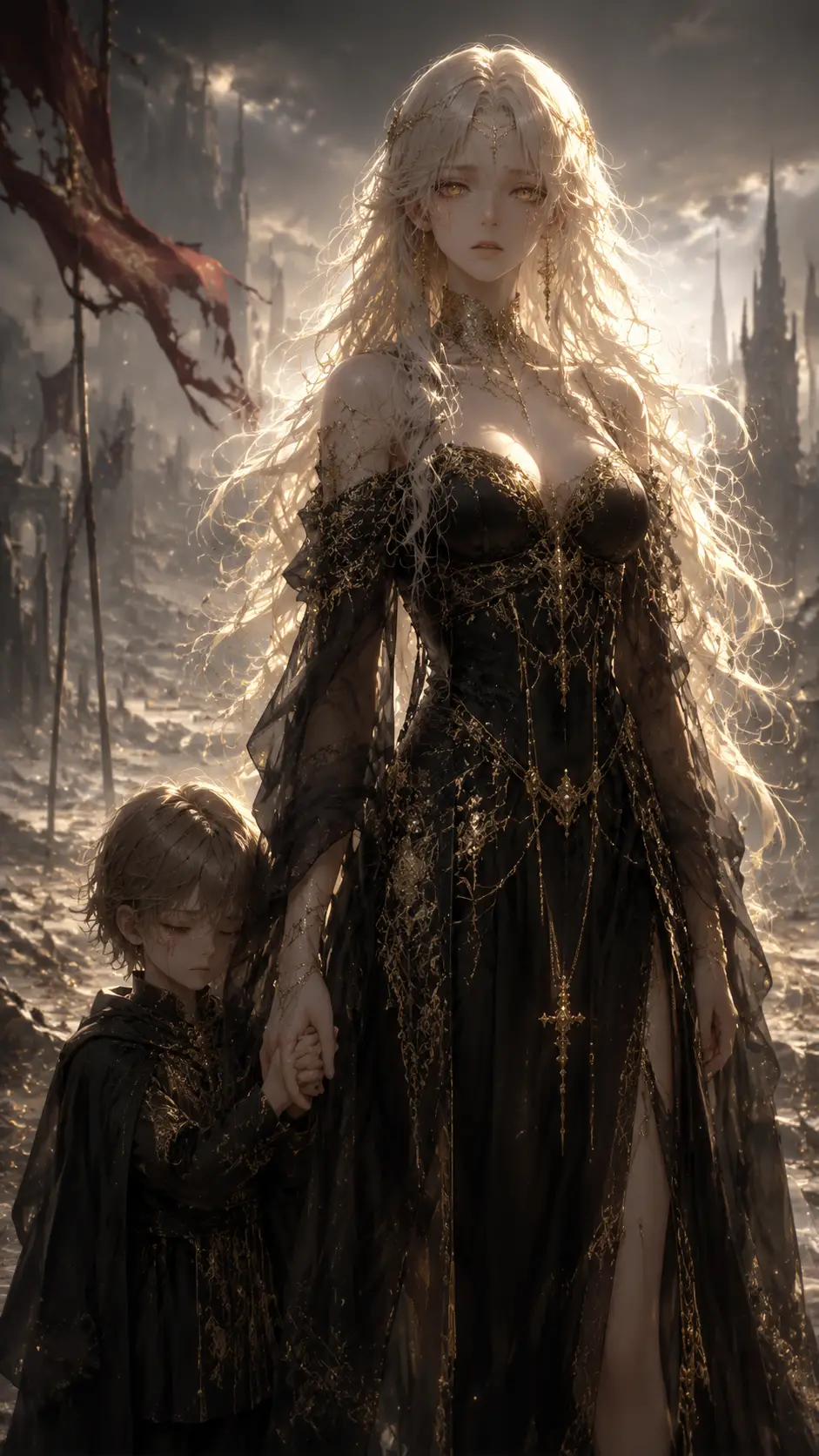 Otherworldly woman with golden eyes holding a child