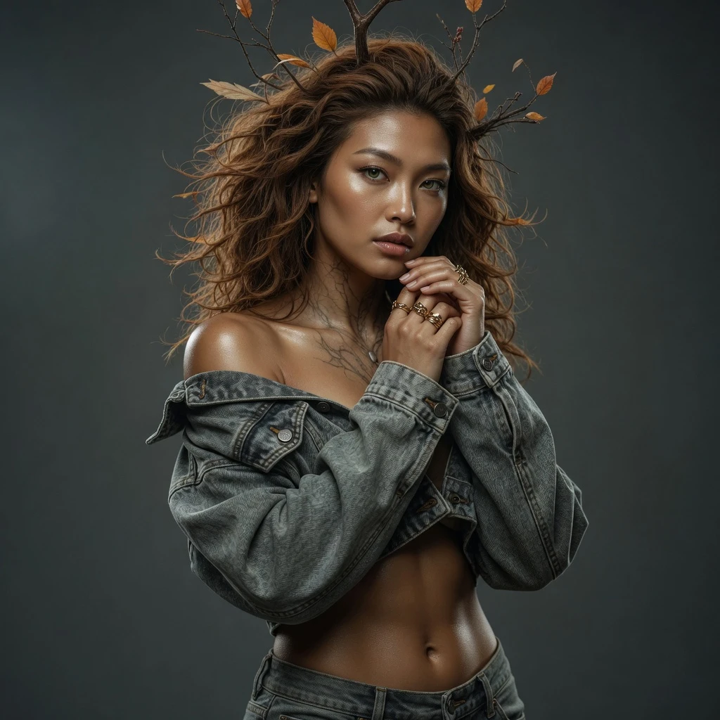 Ritratto in studio di una giovane donna asiatica intensa con giacca di jeans